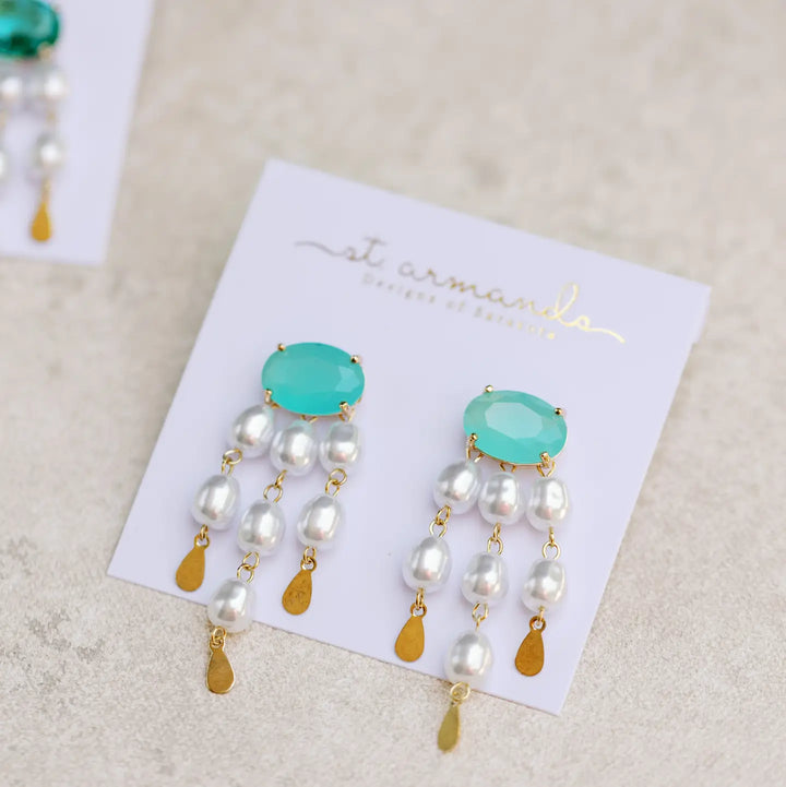 Seaglass and Pearl Tassel Statement Earrings