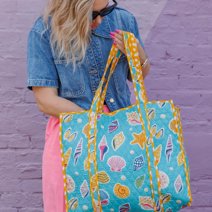Quilted Tote Bag | Aqua Seashell | Large Shopping Tote Bag