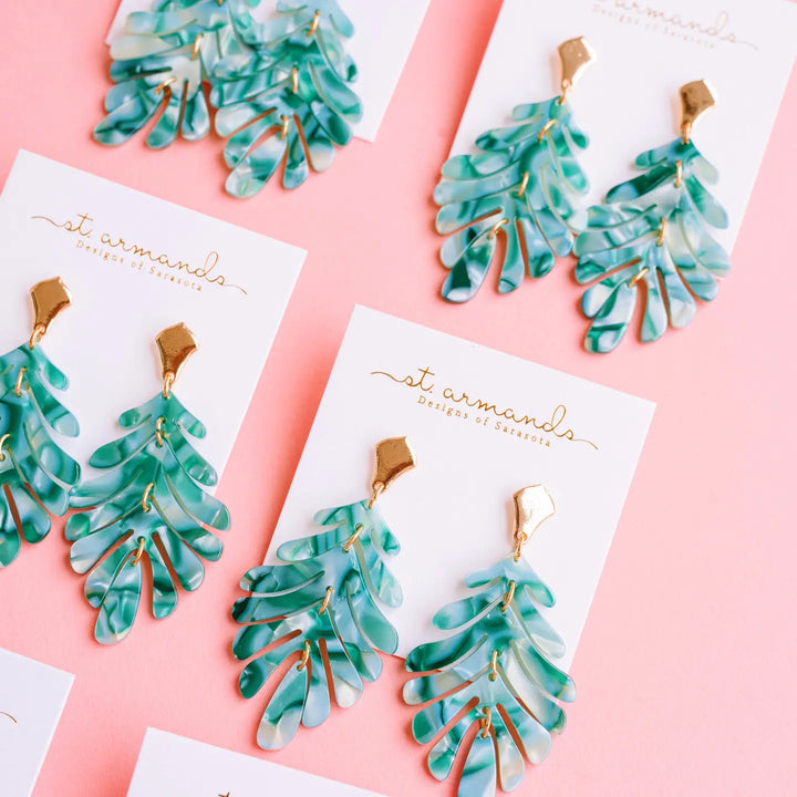 Green Petite Palm Drop Statement Earrings