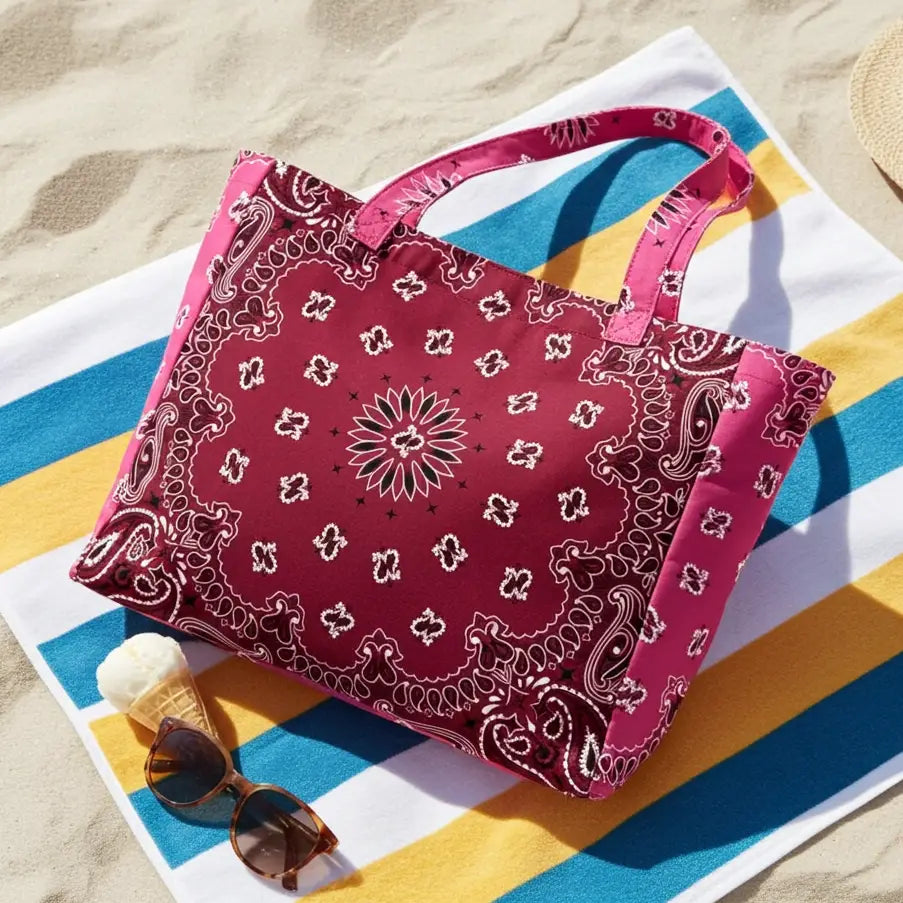 Bandana Print Canvas Tote - Bailey Burgundy/Pink