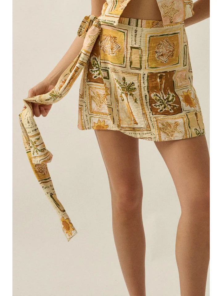 Tropical-Print Side-Tie Wrap Mini Skort