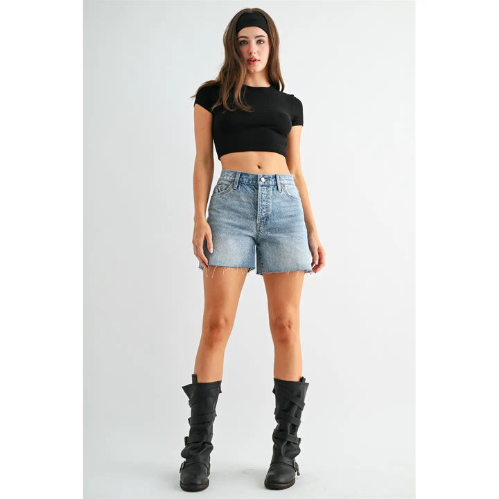 High-Rise Shorts Raw Hem Button Up