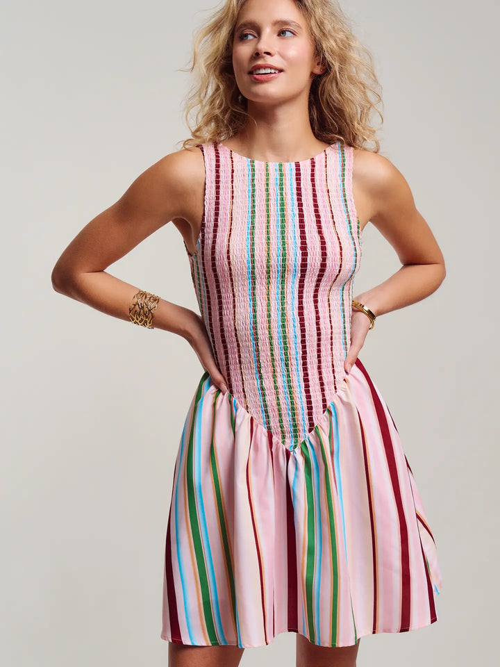 Sorbet Stripe Smocked Bodice Sleeveless Mini Dress