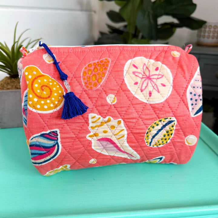 Quilted Makeup Bag | Cosmetics Toiletry Bag | Coral Seashell