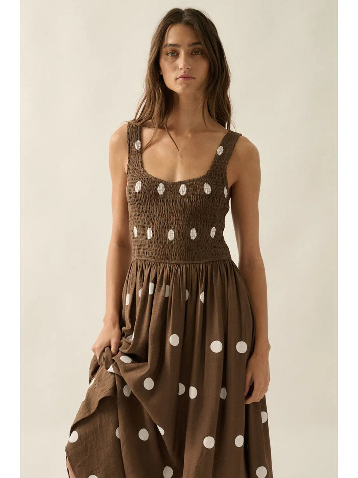 Polka Dot-Print Smocked Sleeveless Pocket Maxi Dress