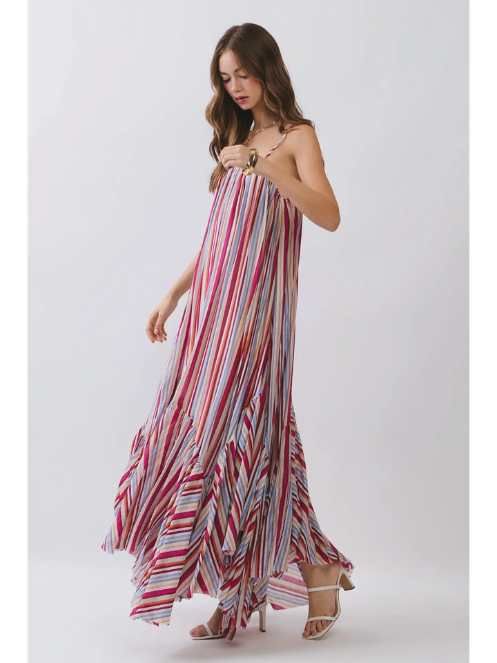 Striped Asymmetrical Tiered Hem Maxi Dress