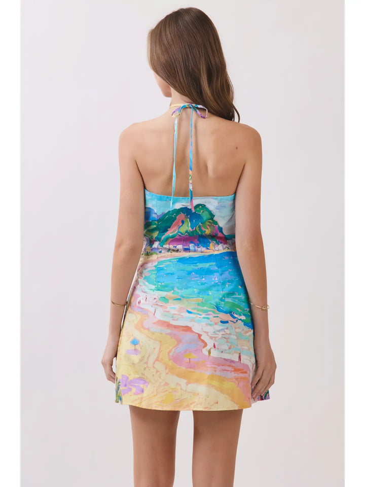 Coastal Scenic Print Halter Mini Dress