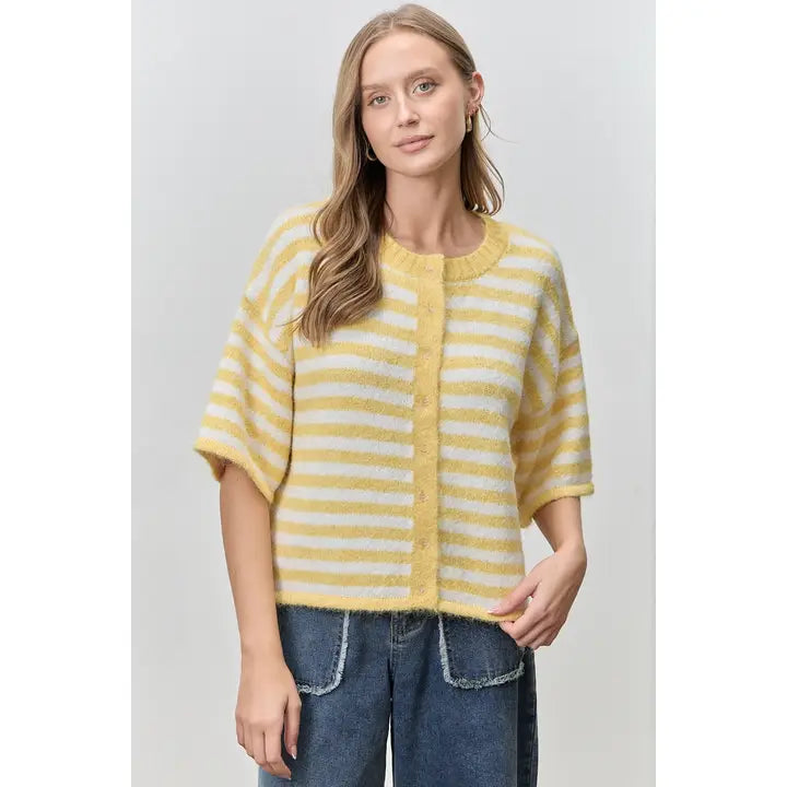 Short Sleeve Striped Fuzzy Knit Cardigan
