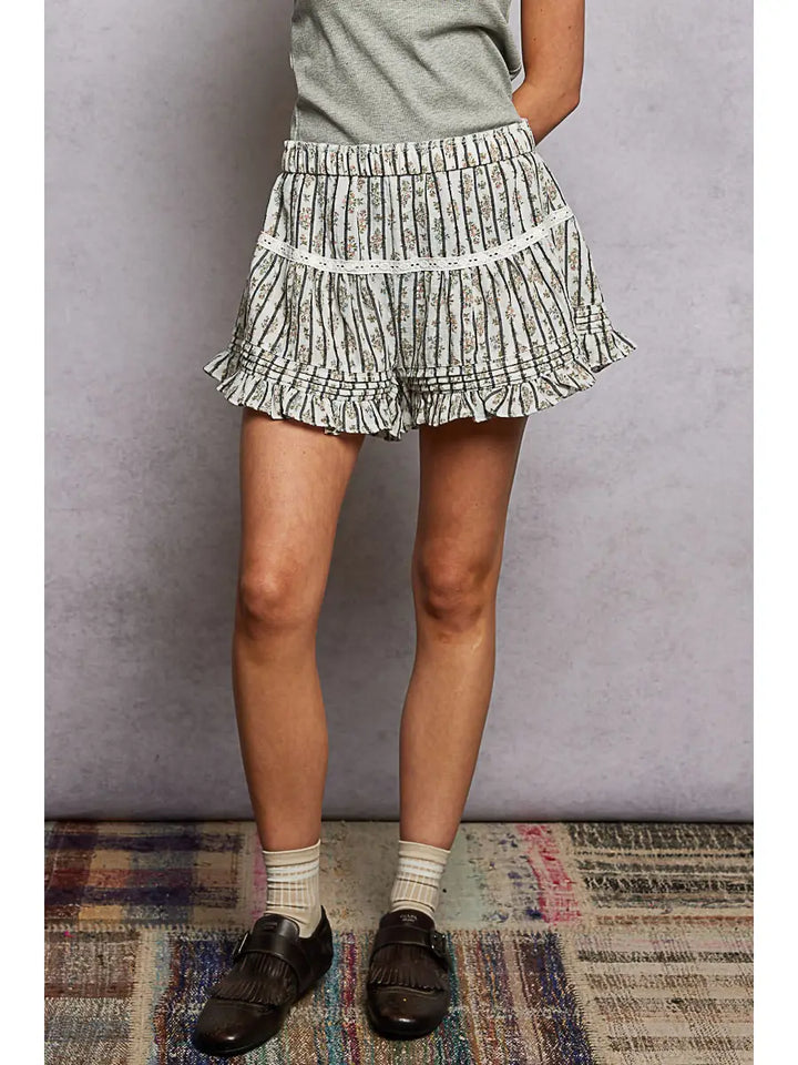 Floral Cotton Ruffle Pintuck Shorts