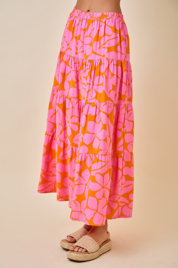 Floral Print Tiered Midi Maxi Long Skirt With Elastic Waist
