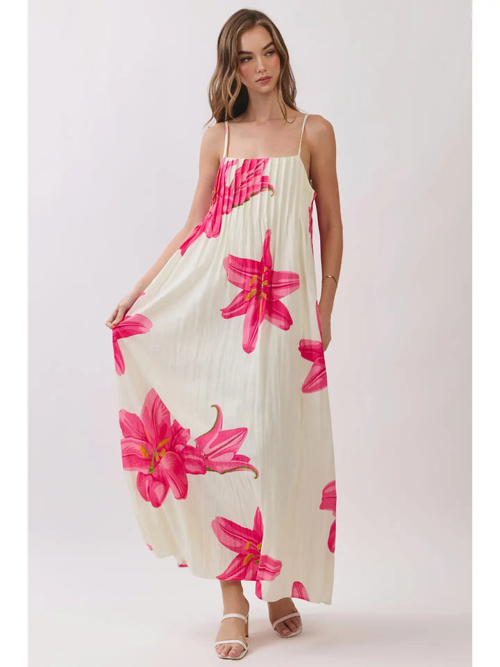 Floral Pleated Maxi Dress with Adjustable Straps
